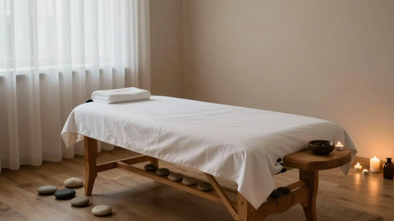 Klidná a minimalistická místnost pro tantrickou masáž s horkými svíčkami a oleji.