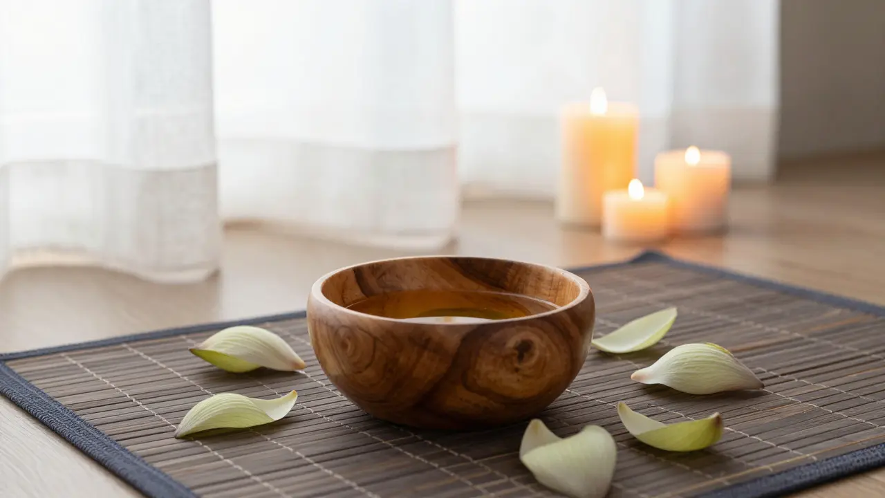 Klidné prostředí s aroma olejem a svíčemi připravené pro tantrický rituál.