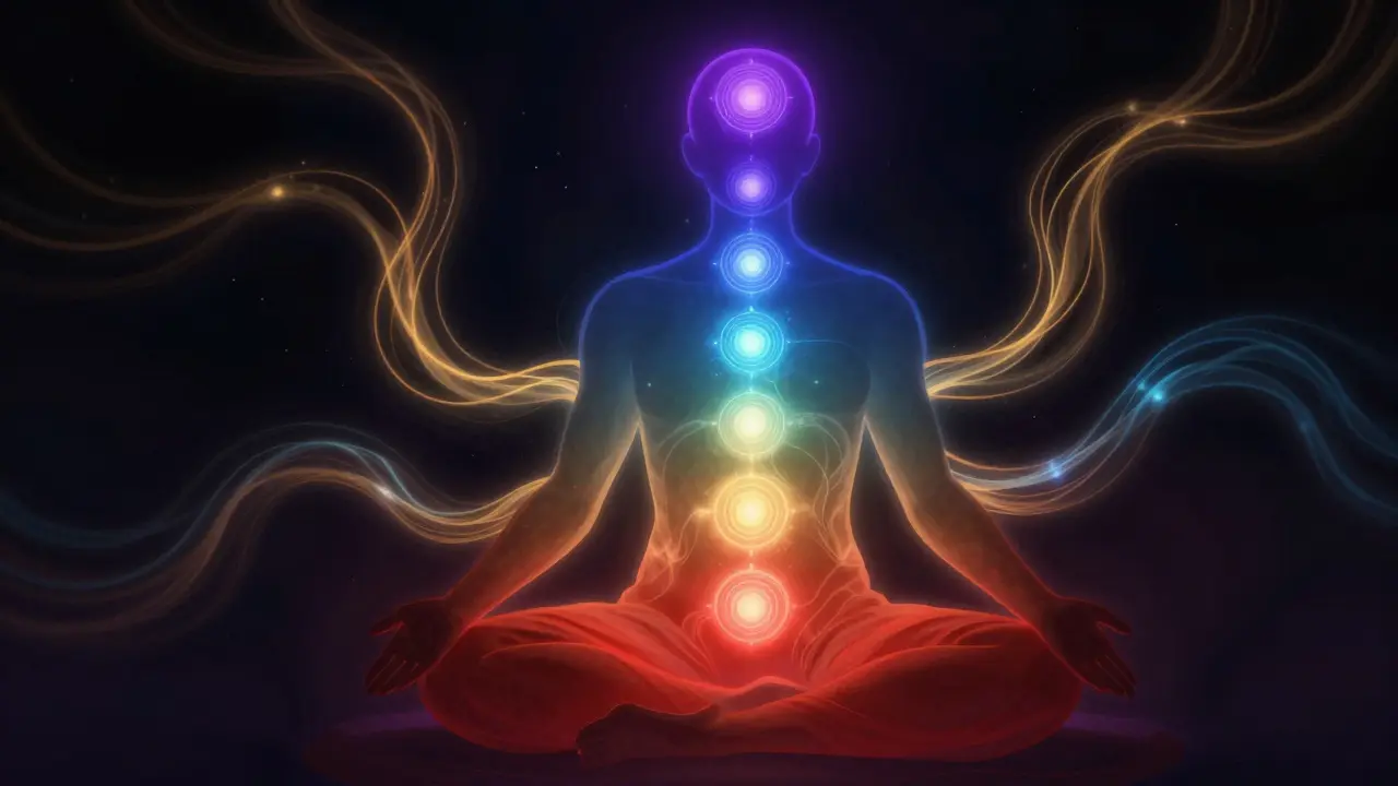 Konceptuální zobrazení energetických center čakry a proudů energie v lidském těle.