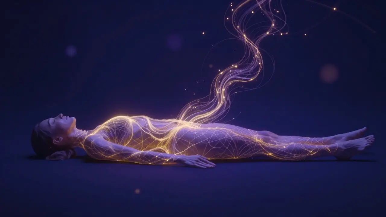 Kresba zlaté energie proudící celým tělem v meditativním postoji.