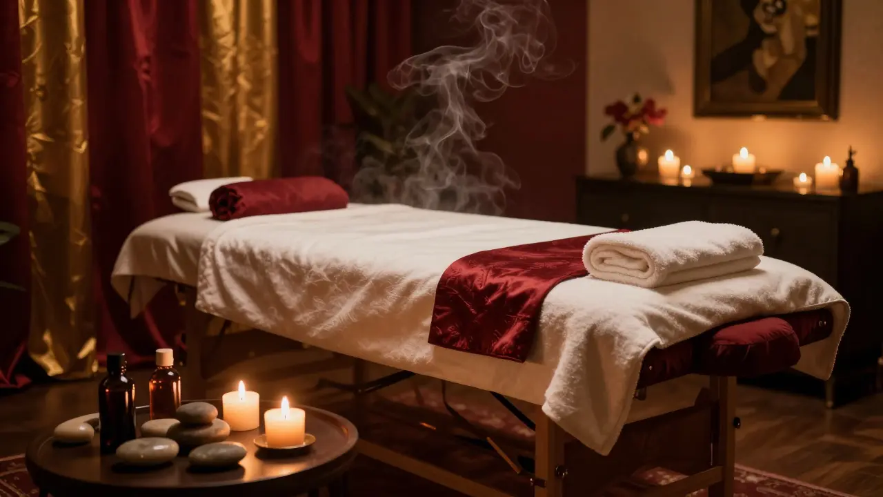 Luxusní a exotický interiér privátního masážního salonu s keramickými oleji a svíčkami.