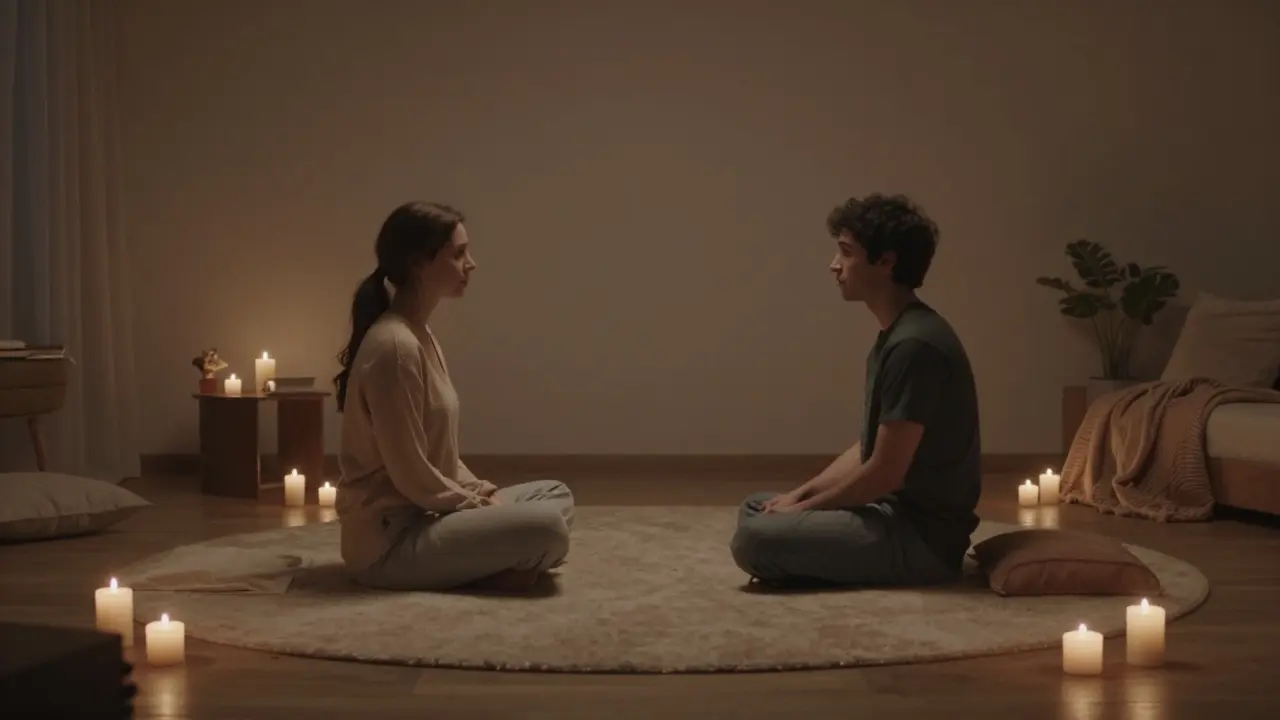 Pár sedící v klidné místnosti smírně k sobě v bezpečném prostoru plném pohody.