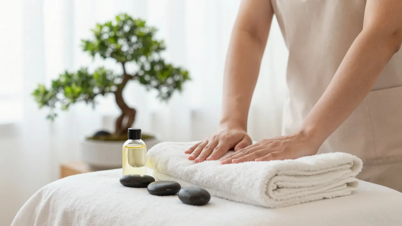 Profesionální terapeutické prostředí s masážním olejem a drolínky.