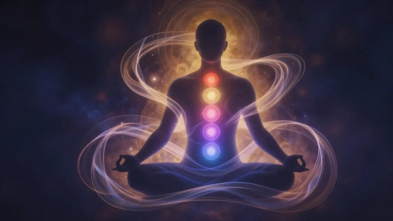 Silueta člověka s osvětlenými energetickými centry představující tělo jako posvátný chrám.