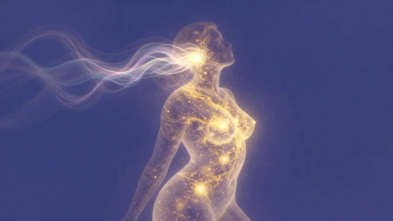 Umělecký obraz osoby s nadváhou jako symbol vnitřního světla a sebevědomí.