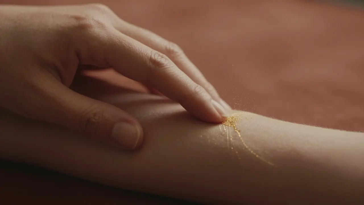 Záběr na jemný a pomalý dotyk prstu na kůži s vizuální reprezentací tepla.