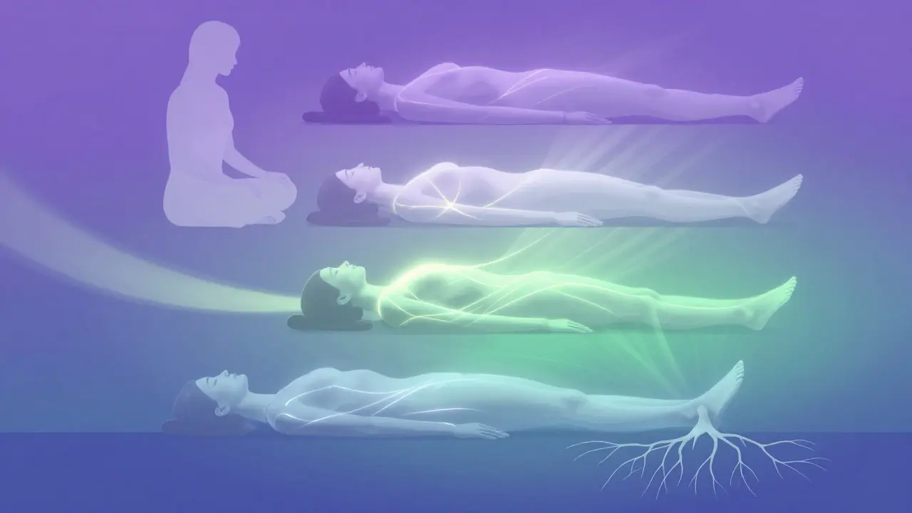 Abstraktní ilustrace čtyř fází tantrické masáže a energie