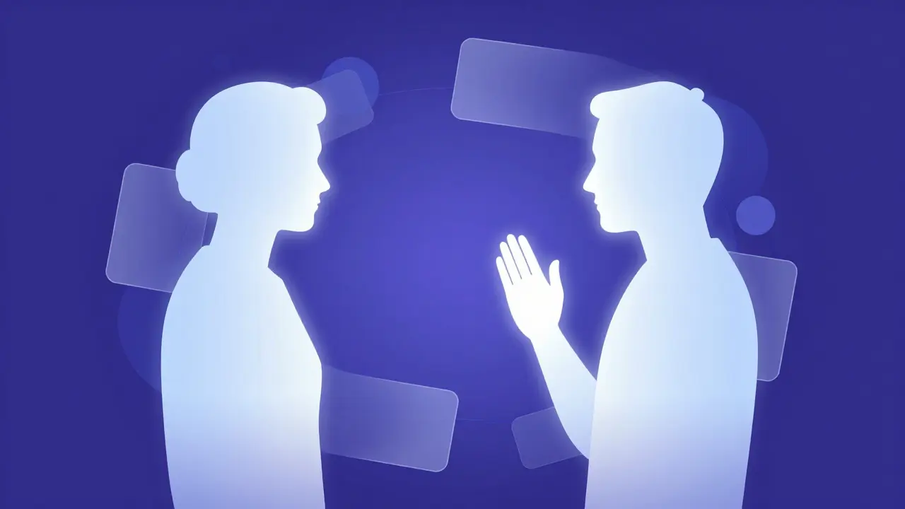 Abstraktní ilustrace dvou postav komunikujících o hranicích.