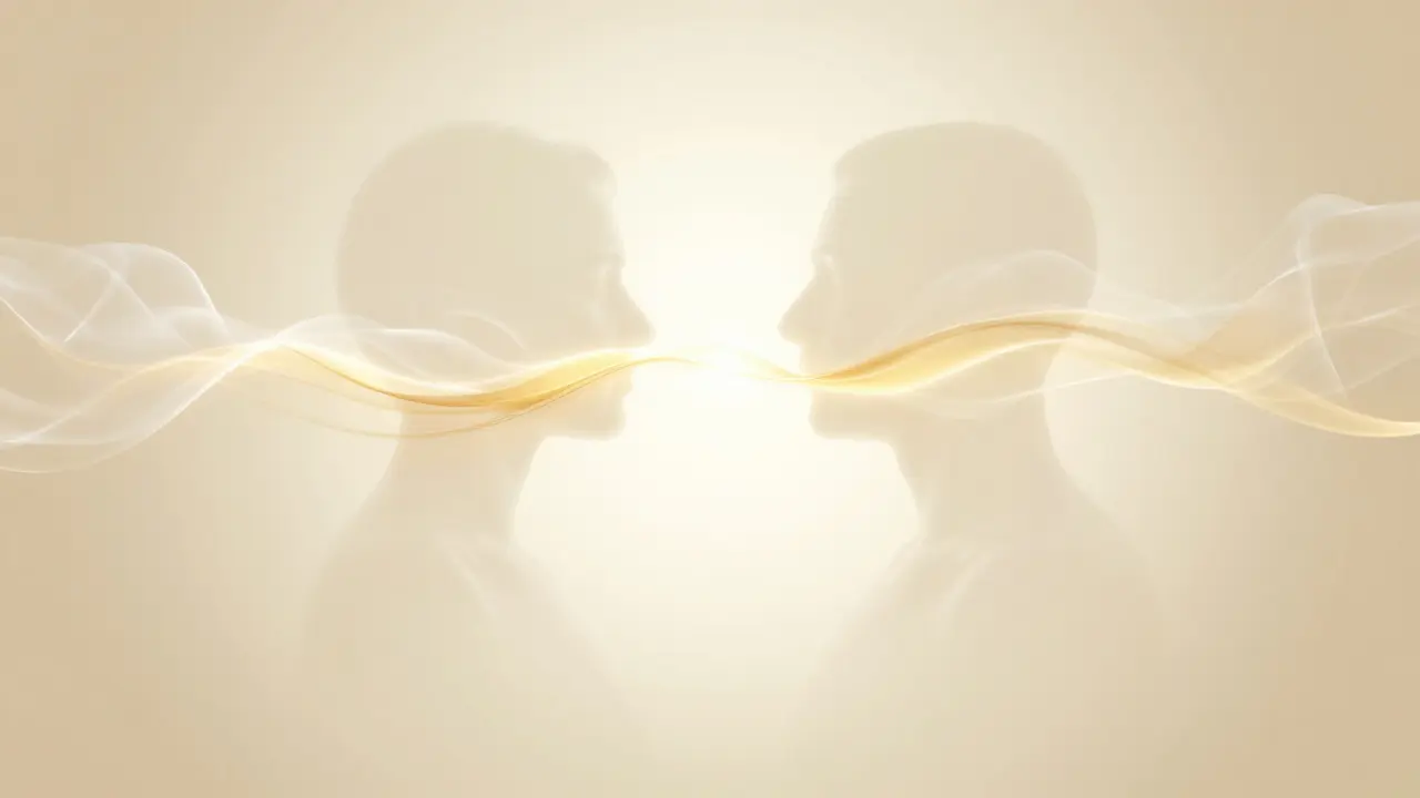 Abstraktní zobrazení dvou postav spojených zlatým světlem a energií.