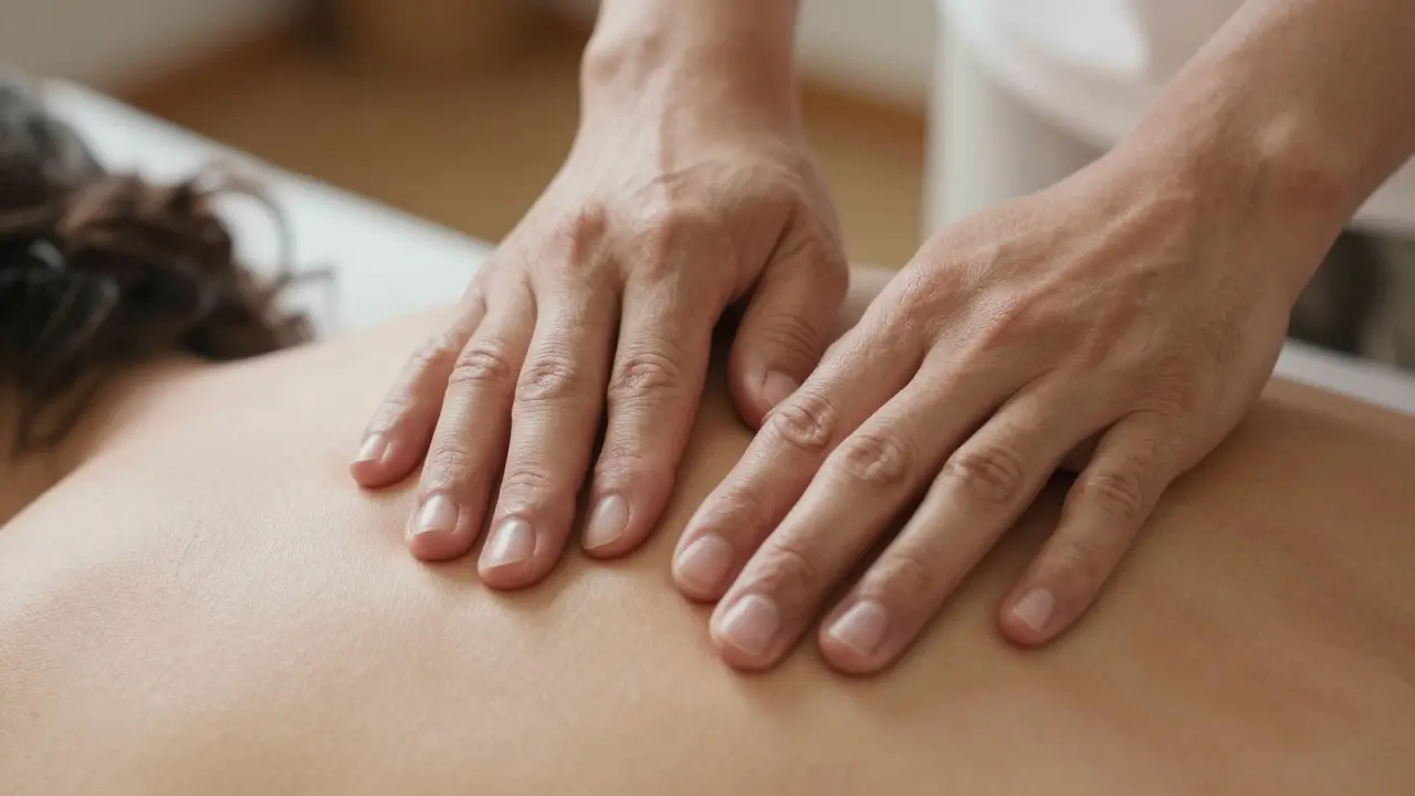 Bližší záběr rukou terapeuta provádějících jemnou masáži na energetických bodech.