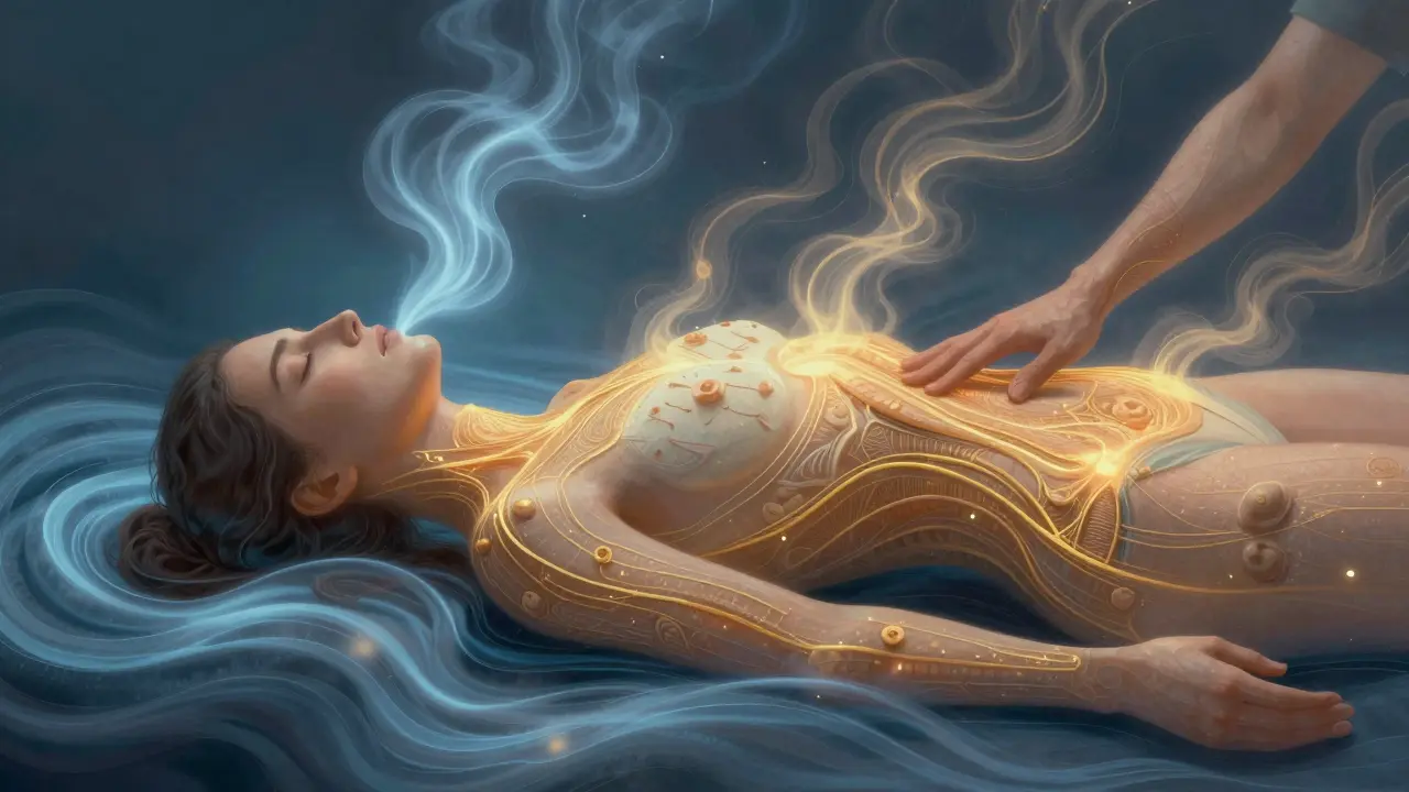 Konceptuální ilustrace spojení vědomého dýchání a energetického toku během terapie.