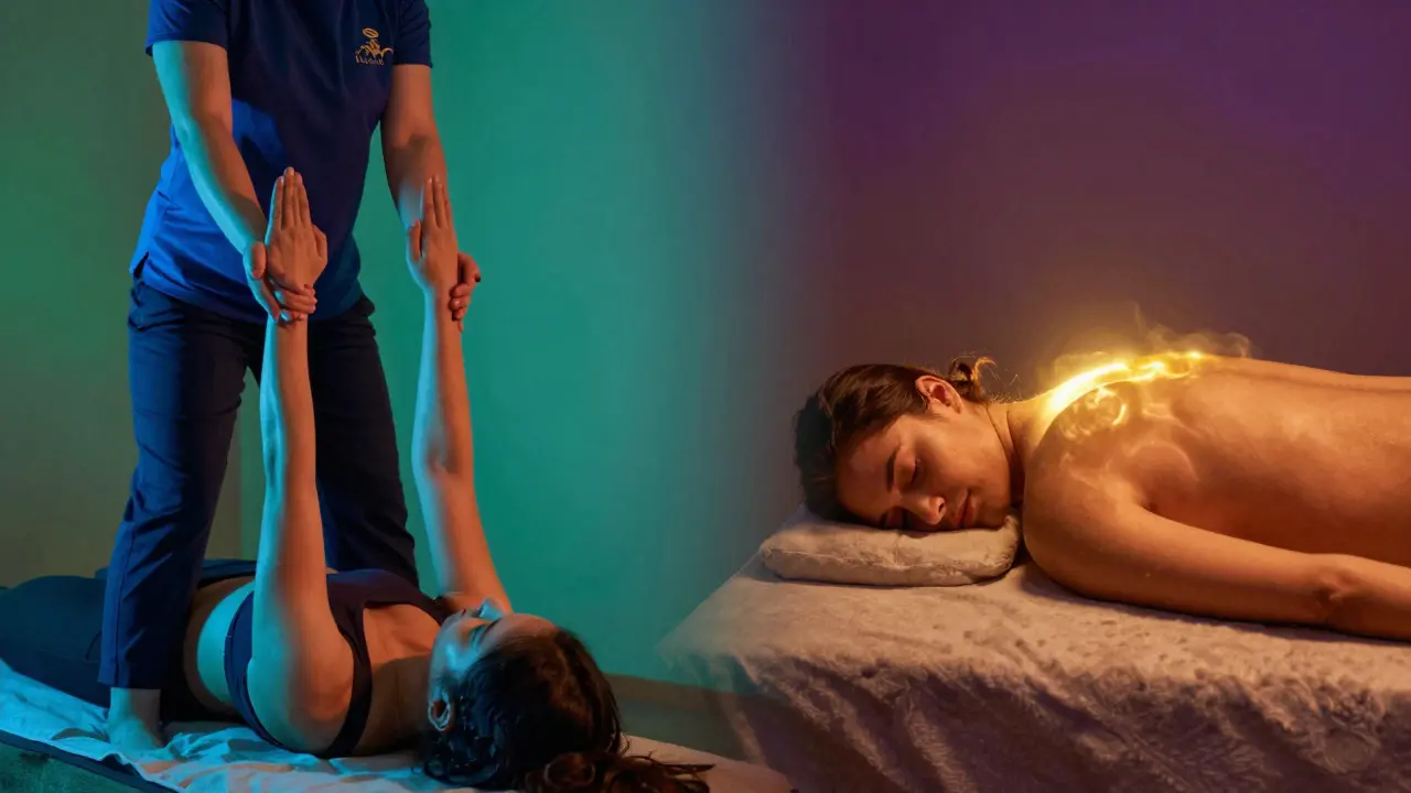 Konceptuální porovnání fyzického protahování a energetického uvolnění