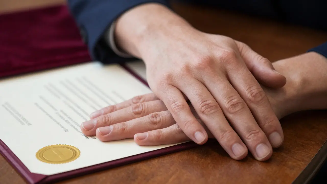 Ruce vyjadřující důvěru vedle certifikátu kvalifikace terapeuta.