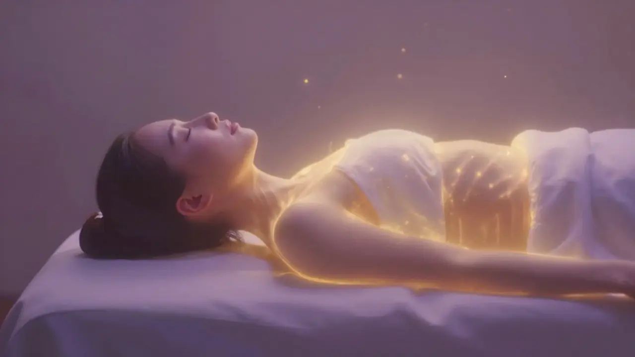 Osoba v hluboké relaxaci s energetickým zářením