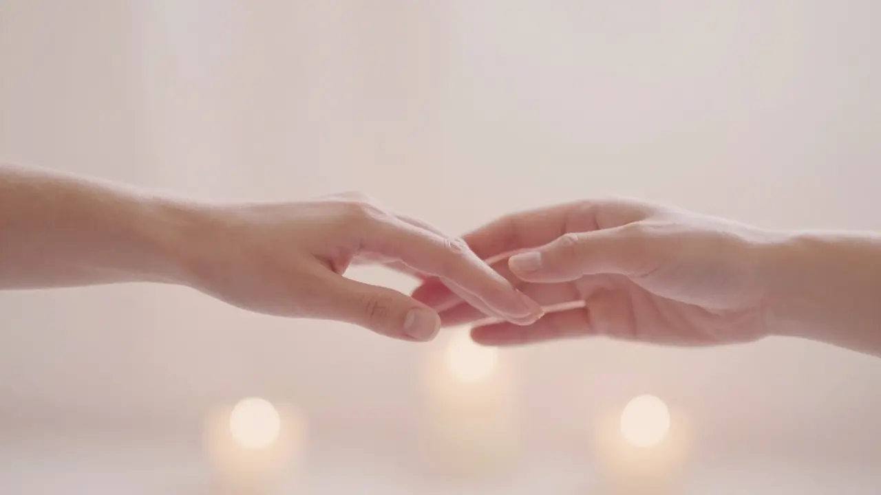 Abstraktní zobrazení vědomého doteku dvou rukou v teplém, meditativním prostředí