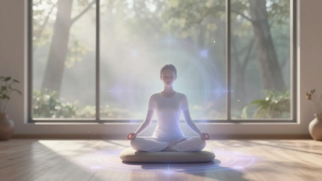 Člověk v meditaci obklopený světlem a energií
