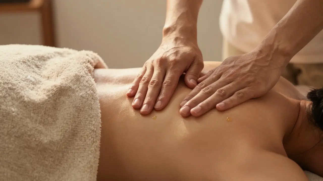 Detail rukou terapeuta při jemné masáži ramene