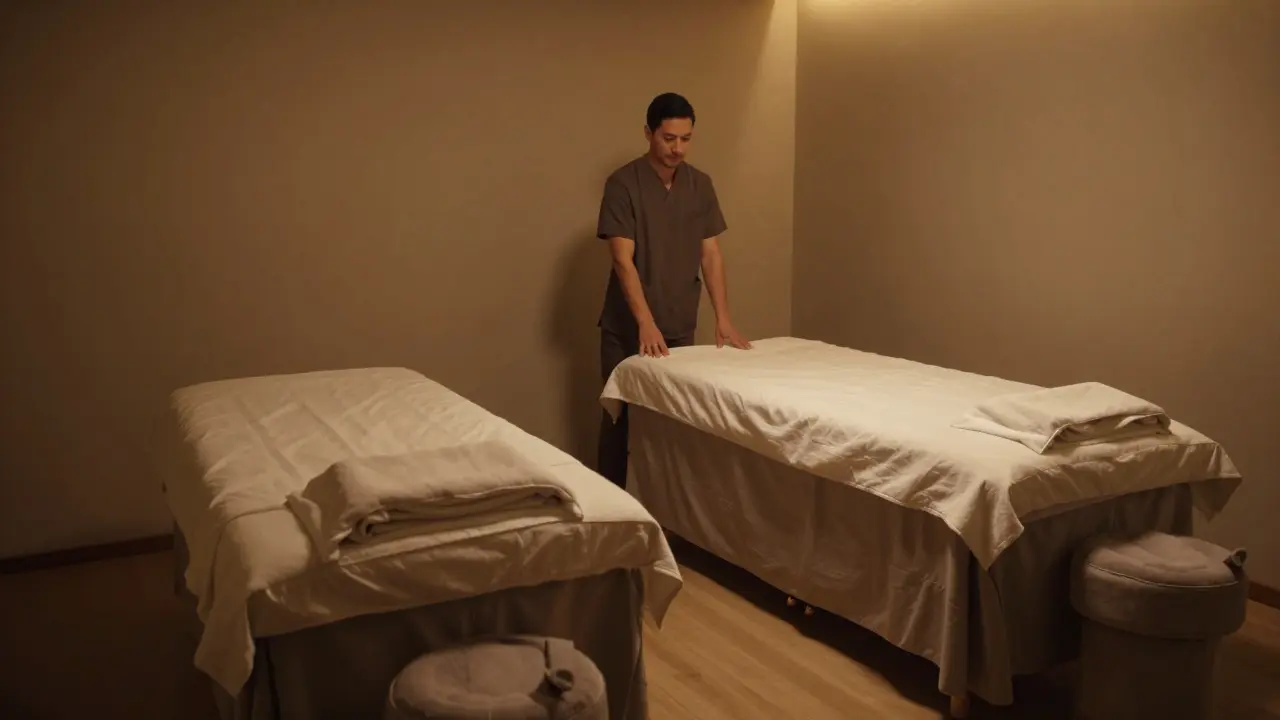 Klidná místnost pro párové masáže s oddělenými lůžky a měkkým osvětlením