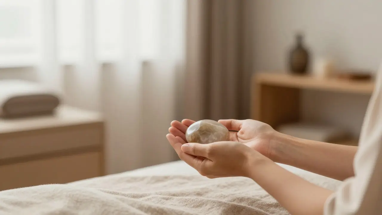 Ruce držící kámen v klidné terapeutické místnosti s teplým světlem