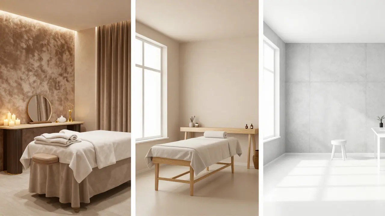Ilustrace tří typů wellness salonů od luxusního po základní