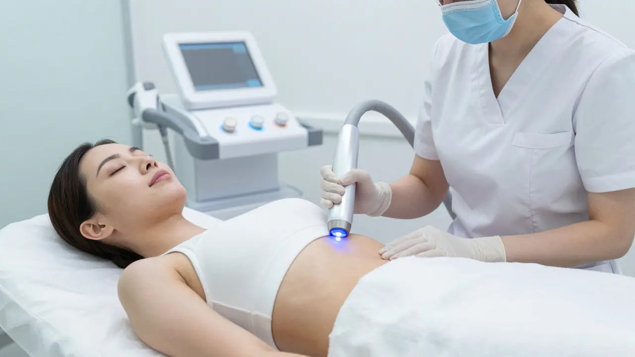 Lékař provádí frakční laserovou terapii na břiše pacientky v moderním klinickém prostředí