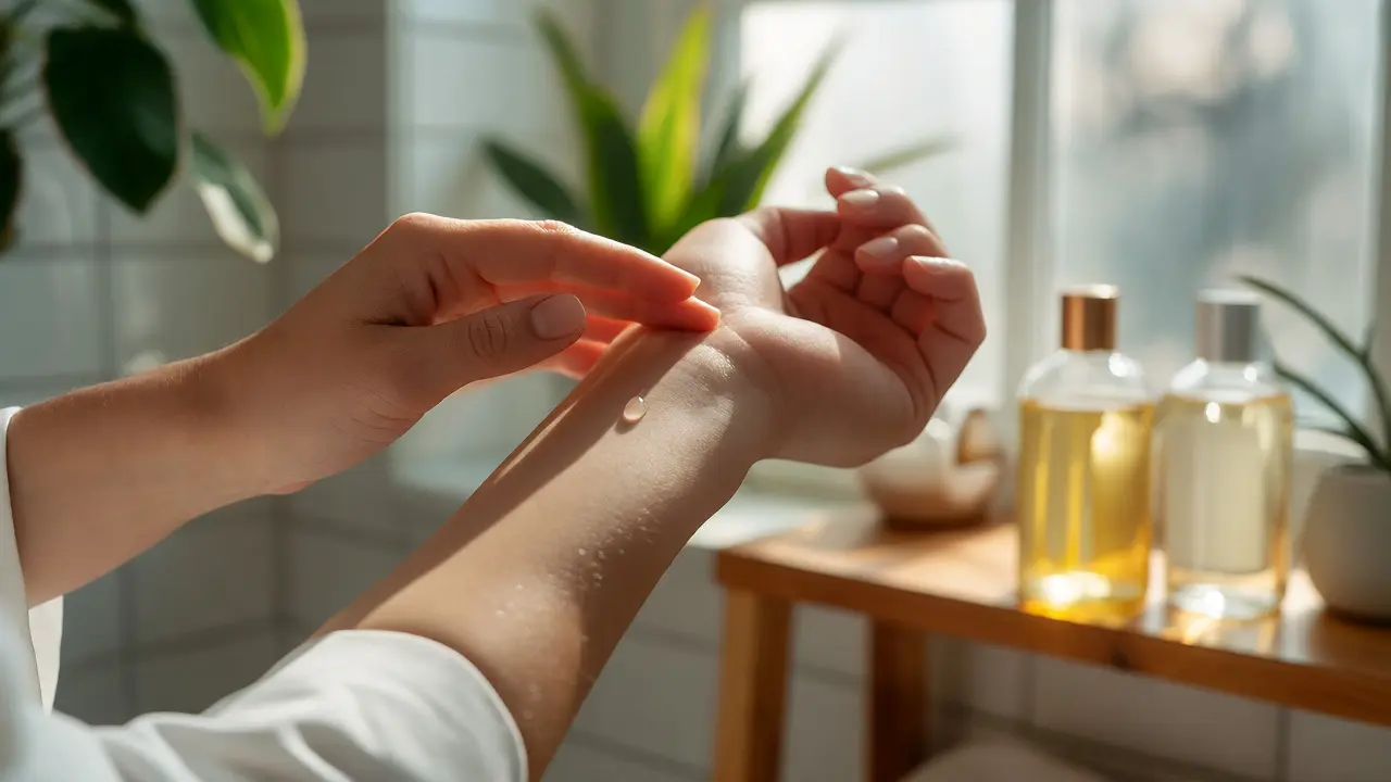 Aplikace kapky hypoalergenního oleje na předloktí pro patch test