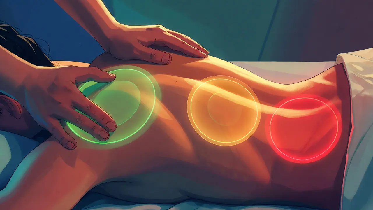 Ilustrace zad s vyznačenými zónami dotyku pomocí tří soustředných kruhů
