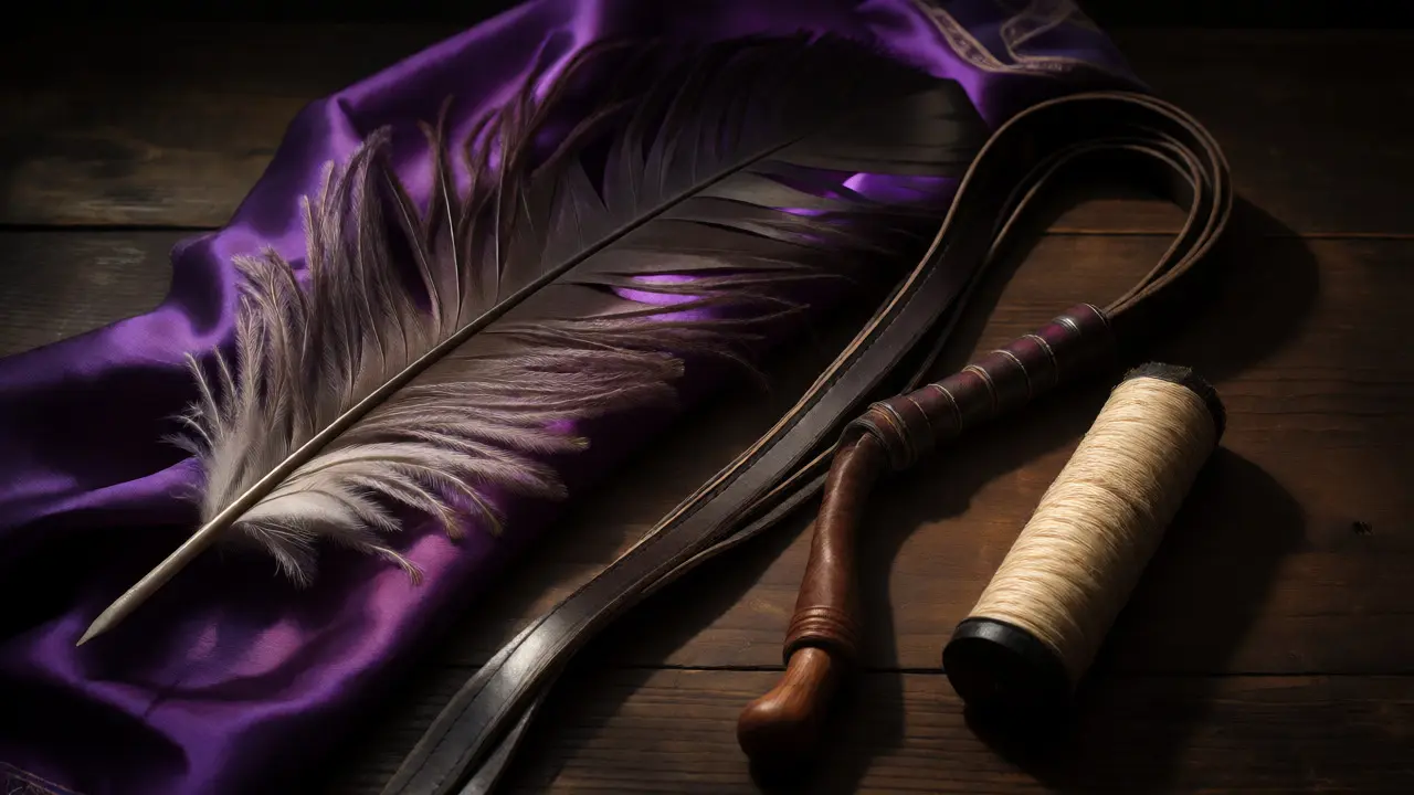 Kolekce tantrických nástrojů: pírko, kožené důtky a sarong