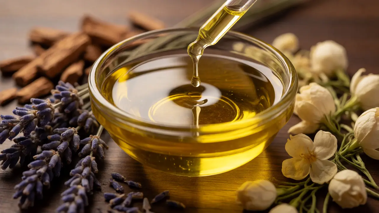 Příprava aromatického oleje s květinami a dřevem