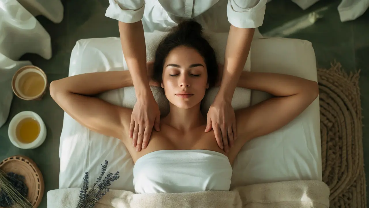 Terapeutické ruce na zádech matky během relaxační masáže