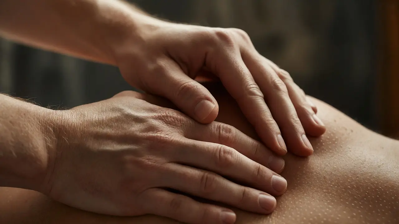 Detailní záběr na jemný dotek terapeuta na rameni během masáže.