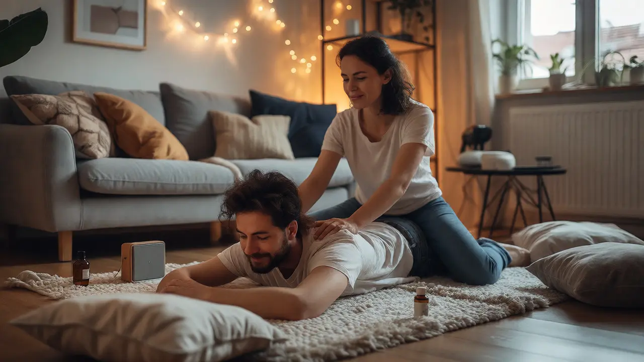 Domácí párová masáž v obývacím pokoji s relaxační atmosférou.