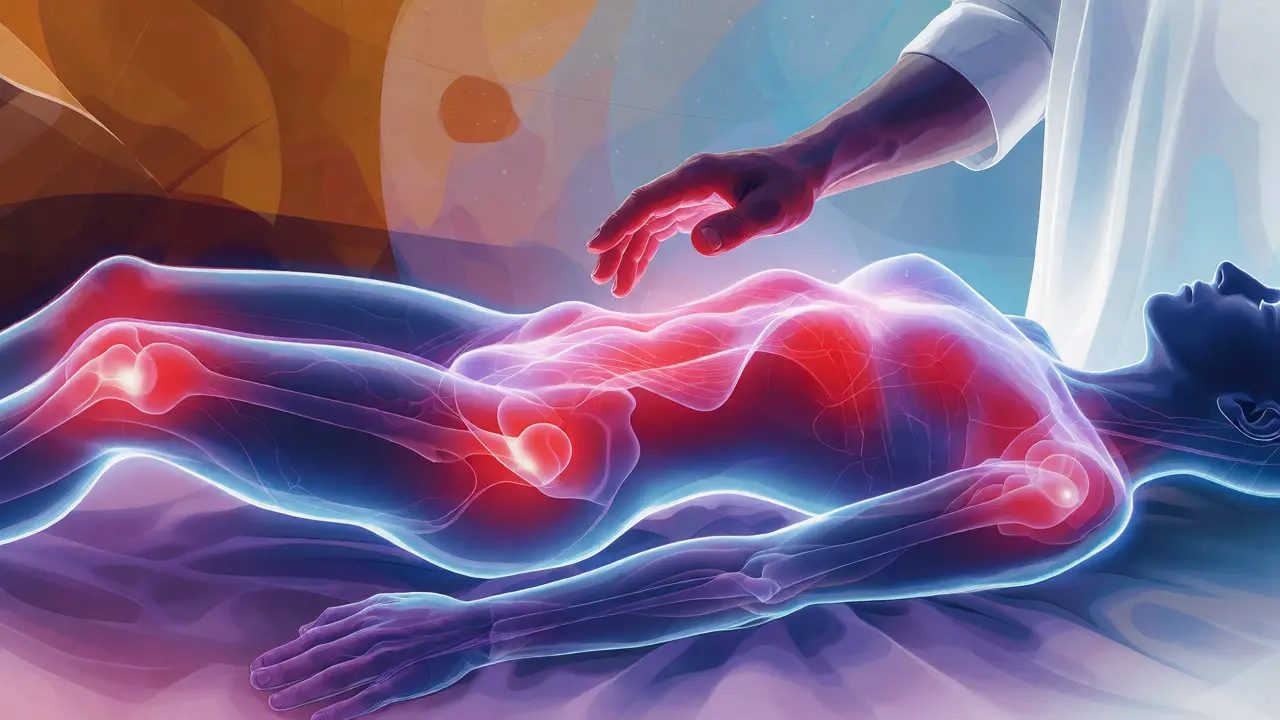 Konceptuální ilustrace energetických bloků a zón omezení na těle klienta.