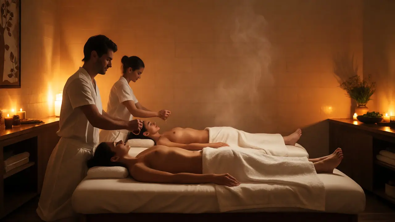 Párová masáž v luxusním wellness centru s teplým osvětlením.