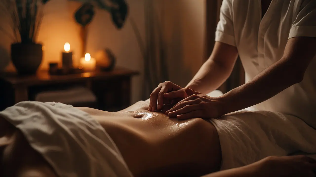 Terapeutická masáž v tlumeném světle s aplikací oleje pro lingam rituál.
